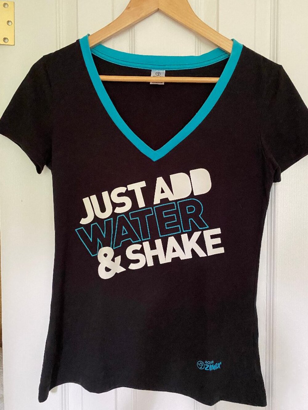 🌊 Rare Aqua Zumba "Just Add Water & Shake" V-Neck Tee - Black/Teal - M